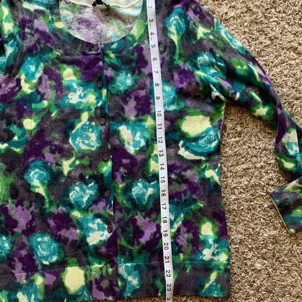 NWT Talbots Purple, Blue & Green Abstract Floral Crewneck Button Cardigan Medium - Picture 9 of 10